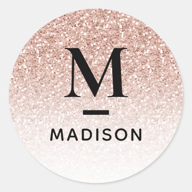Pink Rose Gold Glitter Ombre Modern Monogram Name Classic Round Sticker (Front)