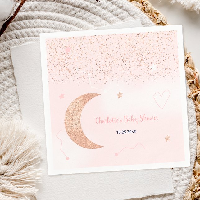 Pink rose gold glitter over the moon baby shower napkin (Pink rose gold glitter over the moon baby shower napkins)
