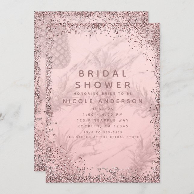 Pink Rose Gold Glitter Pineapple Bridal Shower Invitation (Front/Back)