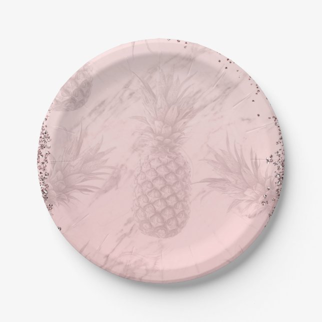 Pink Rose Gold Glitter Pineapple Tropical Party Paper Plate (Front)
