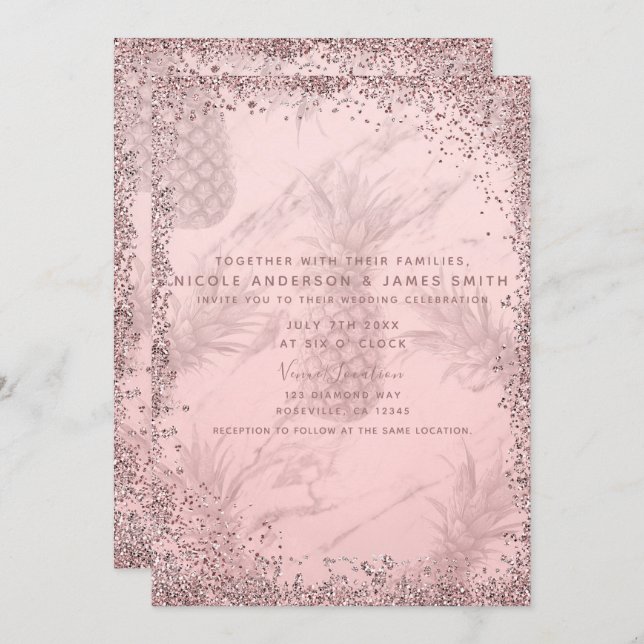 Pink Rose Gold Glitter Pineapple Tropical Wedding Invitation (Front/Back)