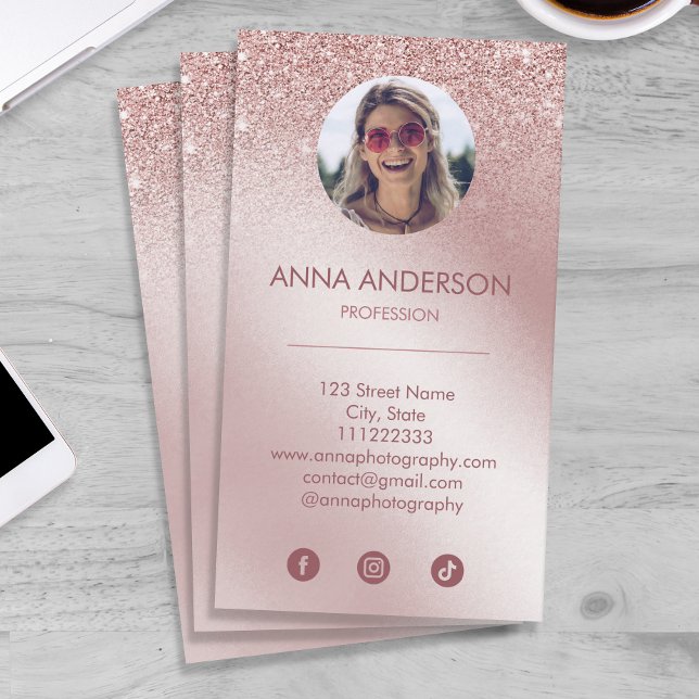 Pink Rose Gold Glitter Professional Social Media Business Card (Creator Uploaded)
