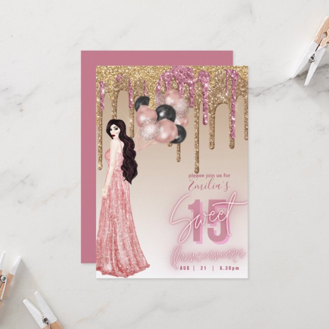 Pink Rose Gold Glitter Quinceanera Brunette Girl  Invitation (Front/Back In Situ)