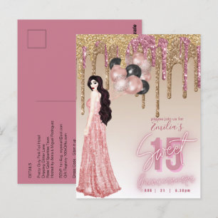 Pink Rose Gold Glitter Quinceanera Brunette Girl   Postcard