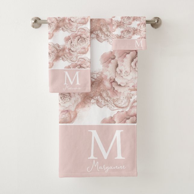 Pink & Rose Gold Glitter Roses Monogram Initial Bath Towel Set (Insitu)