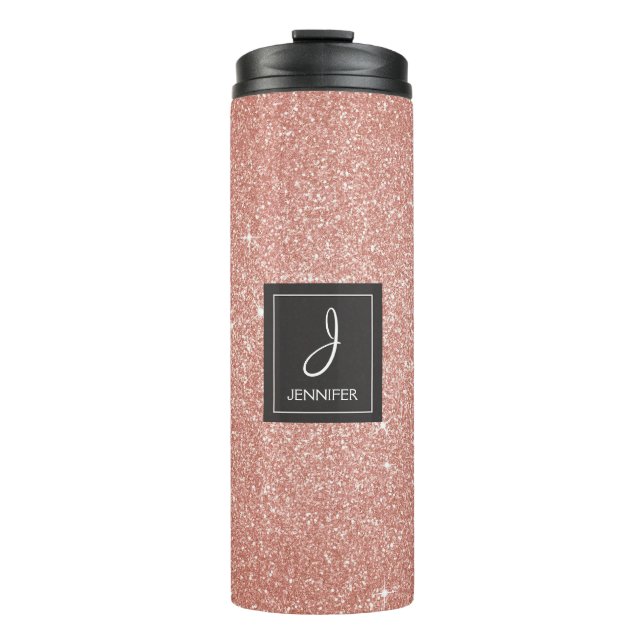Pink Rose Gold Glitter Sparkle Elegant Monogram Thermal Tumbler (Front)