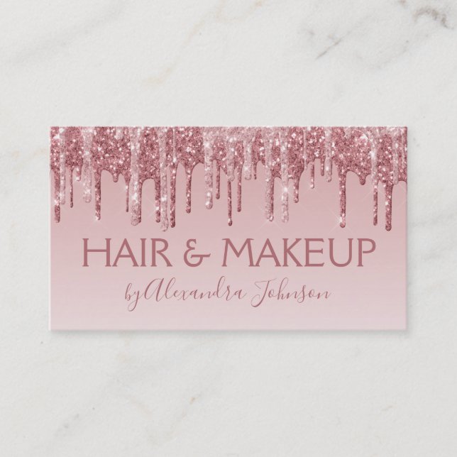 Pink Rose Gold Glitter Sparkle Hair Makeup Business Card (Front)