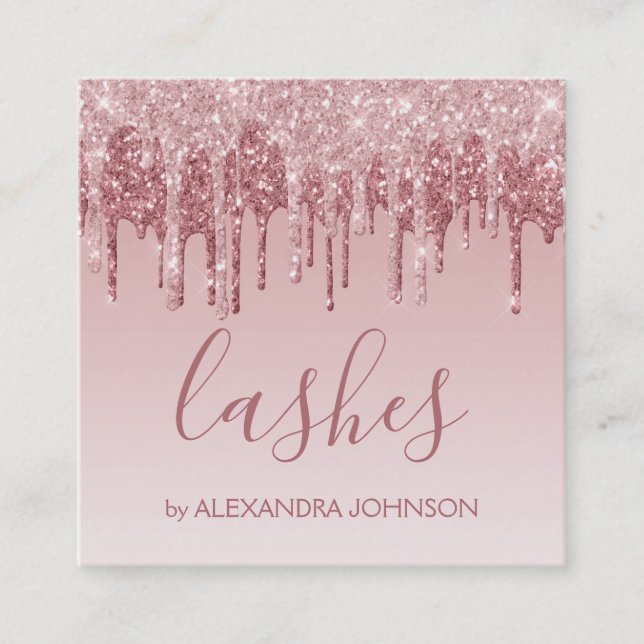 Pink Rose Gold Glitter Sparkle Lashes Square Business Card (Front)