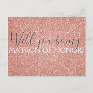 Pink Rose Gold Glitter & Sparkle Matron of Honour Invitation Postcard