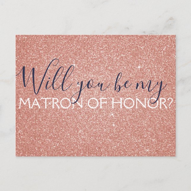 Pink Rose Gold Glitter & Sparkle Matron of Honour Invitation Postcard (Front)
