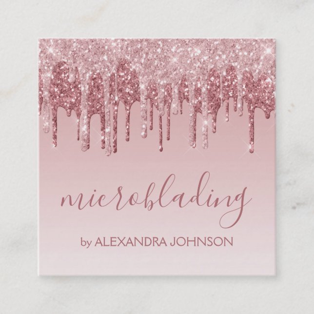 Pink Rose Gold Glitter Sparkle Microblading Square Business Card (Front)