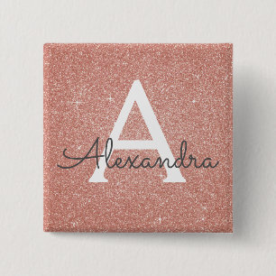 Pink Rose Gold Glitter & Sparkle Monogram 15 Cm Square Badge