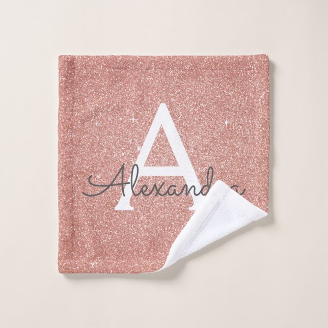 Pink Rose Gold Glitter & Sparkle Monogram Bath Towel Set (Wash Cloth)