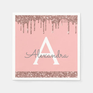 Pink Rose Gold Glitter & Sparkle Monogram Birthday Napkin