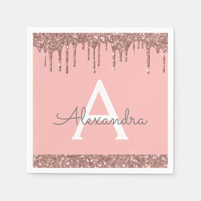 Pink Rose Gold Glitter & Sparkle Monogram Birthday Napkin (Front)