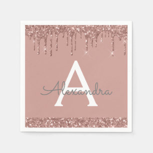 Pink Rose Gold Glitter & Sparkle Monogram Birthday Napkin
