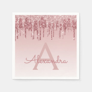 Pink Rose Gold Glitter & Sparkle Monogram Birthday Napkin
