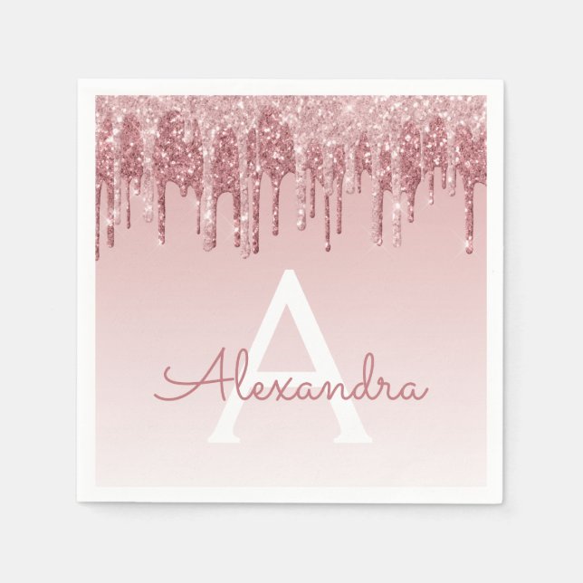 Pink Rose Gold Glitter & Sparkle Monogram Birthday Napkin (Front)