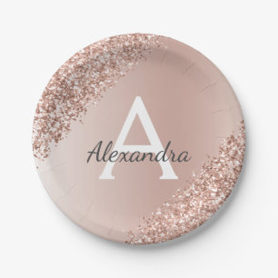 Pink Rose Gold Glitter & Sparkle Monogram Birthday Paper Plate
