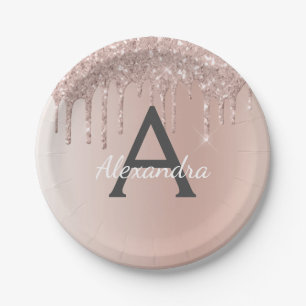 Pink Rose Gold Glitter & Sparkle Monogram Birthday Paper Plate