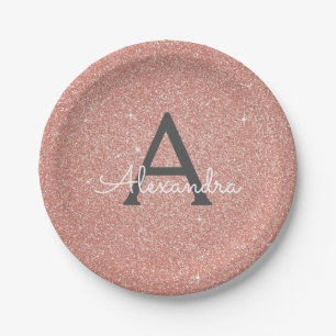 Pink Rose Gold Glitter & Sparkle Monogram Birthday Paper Plate