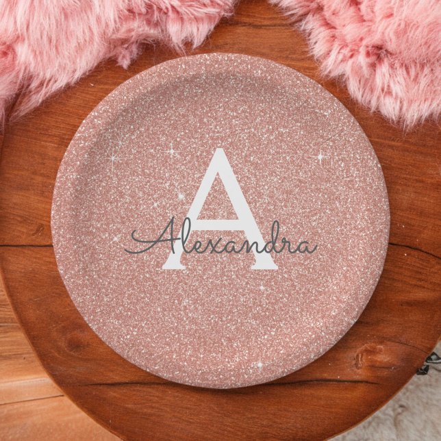 Pink Rose Gold Glitter & Sparkle Monogram Birthday Paper Plate (Creator Uploaded)