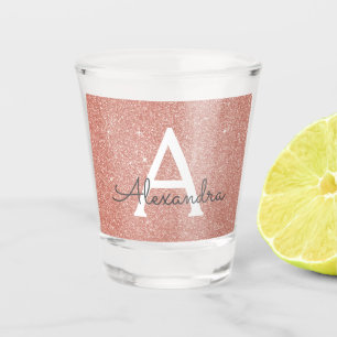 Pink Rose Gold Glitter & Sparkle Monogram Birthday Shot Glass
