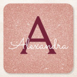 Pink Rose Gold Glitter & Sparkle Monogram Birthday Square Paper Coaster<br><div class="desc">Blush Pink - Rose Gold and Burgundy Faux Glitter and Sparkle Elegant Monogram Birthday Party Coasters. These Birthday Party,  Bridal Shower,  Wedding or Bachelorette Party Coasters can be customised to include your initial and first name. Please contact the designer for customised matching items.</div>