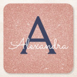 Pink Rose Gold Glitter & Sparkle Monogram Birthday Square Paper Coaster<br><div class="desc">Blush Pink - Rose Gold and Navy Blue Faux Glitter and Sparkle Elegant Monogram Birthday Party Coasters. These Birthday Party,  Bridal Shower,  Wedding or Bachelorette Party Coasters can be customised to include your initial and first name. Please contact the designer for customised matching items.</div>