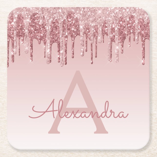 Pink Rose Gold Glitter & Sparkle Monogram Birthday Square Paper Coaster (Front)