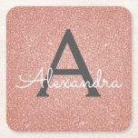 Pink Rose Gold Glitter & Sparkle Monogram Birthday Square Paper Coaster<br><div class="desc">Pink Rose Gold and Charcoal Grey (grey) Faux Glitter and Sparkle Elegant Monogram Birthday Party Coasters. These Birthday Party,  Bridal Shower,  Wedding or Bachelorette Party Coasters can be customised to include your initial and first name. Please contact the designer for customised matching items.</div>