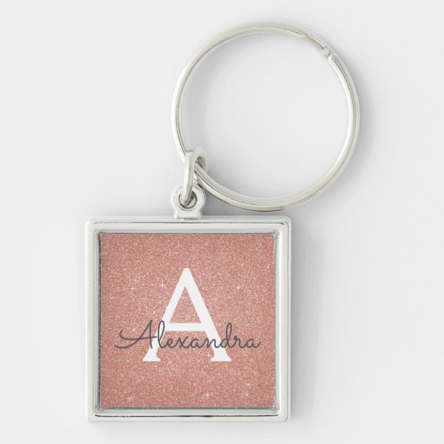 Pink Rose Gold Glitter & Sparkle Monogram Key Ring (Front)