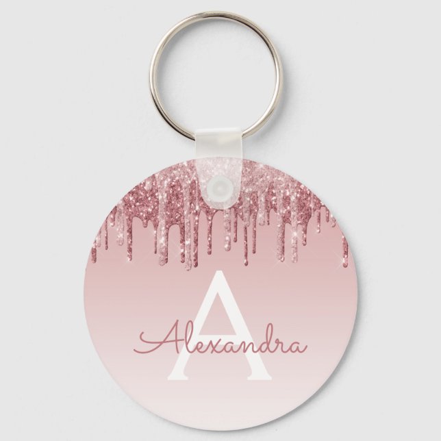 Pink Rose Gold Glitter & Sparkle Monogram Key Ring (Front)