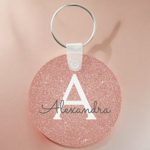 Pink Rose Gold Glitter & Sparkle Monogram Key Ring