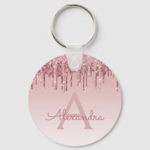 Pink Rose Gold Glitter & Sparkle Monogram Key Ring