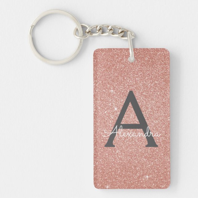 Pink Rose Gold Glitter & Sparkle Monogram Key Ring (Front)
