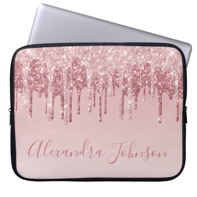 Pink Rose Gold Glitter Sparkle Monogram Laptop Sleeve (Front)