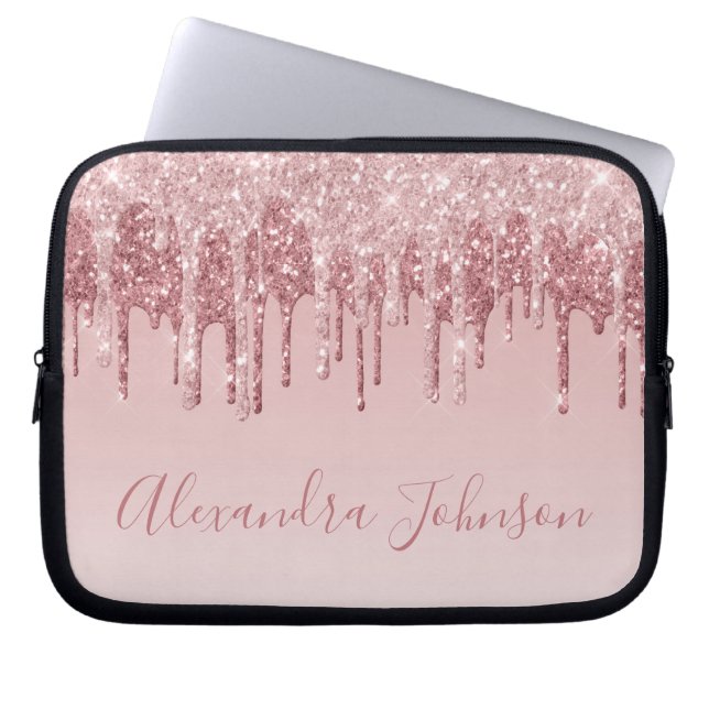 Pink Rose Gold Glitter Sparkle Monogram Laptop Sleeve (Front)