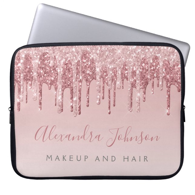 Pink Rose Gold Glitter Sparkle Monogram Laptop Sleeve (Front)