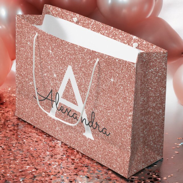 Pink Rose Gold Glitter & Sparkle Monogram Large Gift Bag (Creator Uploaded)