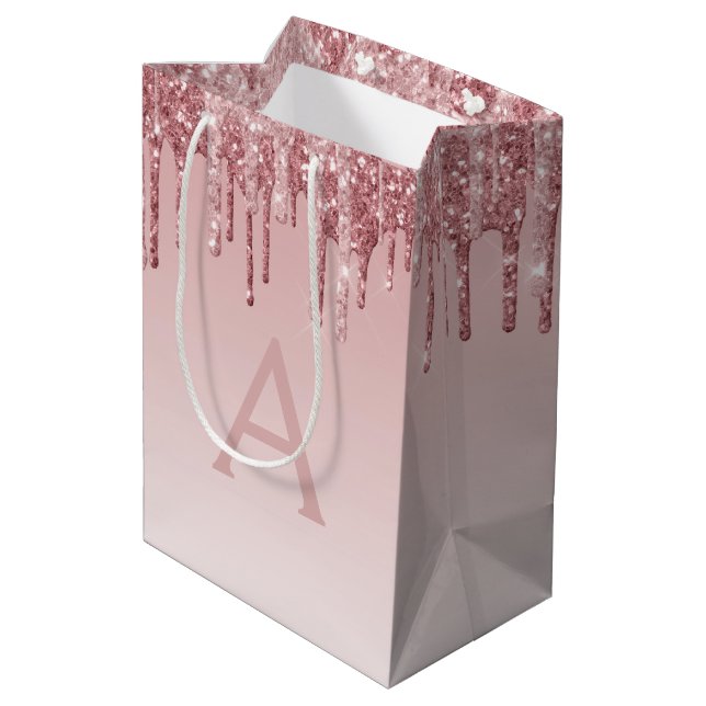 Pink Rose Gold Glitter & Sparkle Monogram Medium Gift Bag (Back Angled)