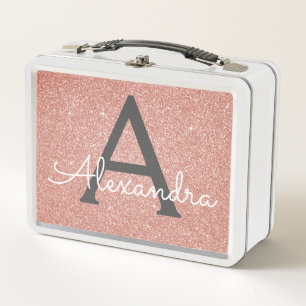 Pink Rose Gold Glitter & Sparkle Monogram Metal Lunch Box
