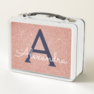 Pink Rose Gold Glitter & Sparkle Monogram Metal Lunch Box