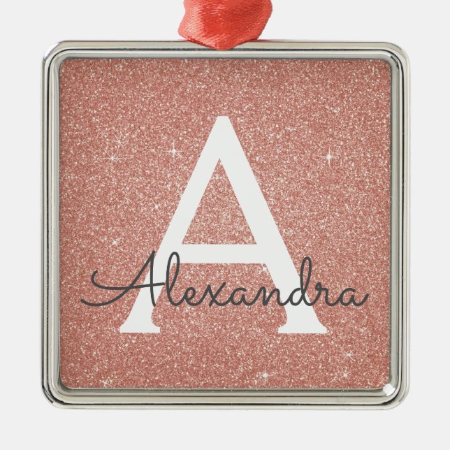 Pink Rose Gold Glitter & Sparkle Monogram Metal Ornament (Front)