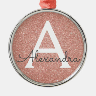 Pink Rose Gold Glitter & Sparkle Monogram Metal Tree Decoration