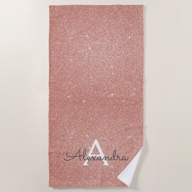Pink Rose Gold Glitter & Sparkle Monogram Name Beach Towel (Front)