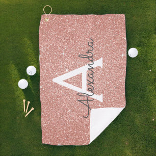 Pink Rose Gold Glitter & Sparkle Monogram Name Golf Towel