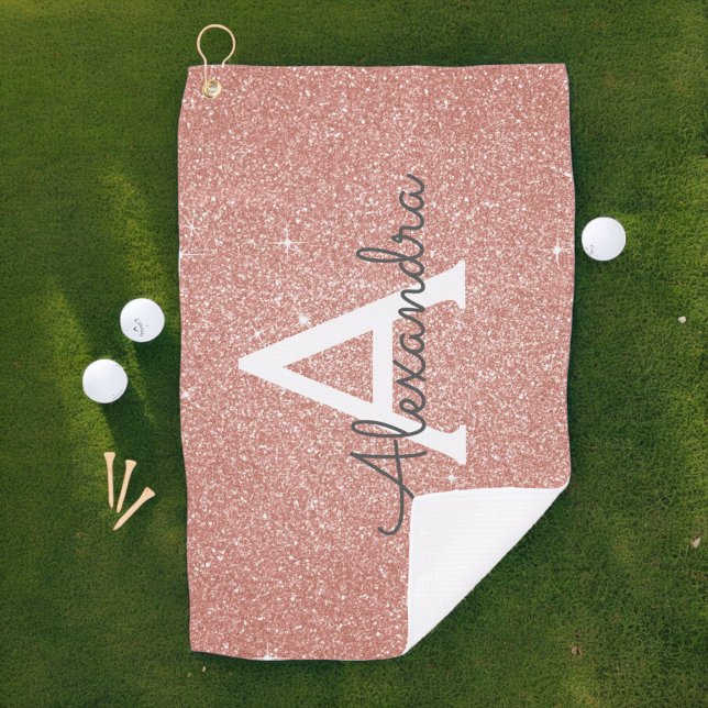 Pink Rose Gold Glitter & Sparkle Monogram Name Golf Towel (Creator Uploaded)
