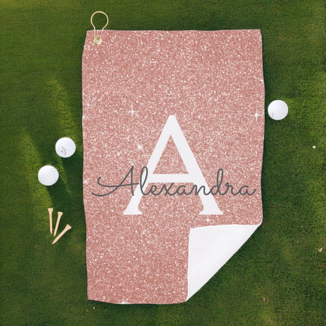 Pink Rose Gold Glitter & Sparkle Monogram Name Golf Towel (Creator Uploaded)