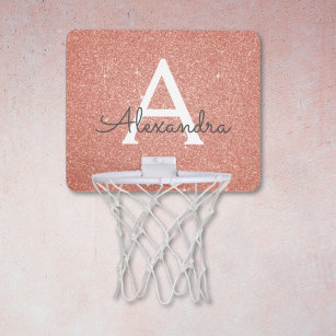 Pink Rose Gold Glitter & Sparkle Monogram Name Mini Basketball Hoop